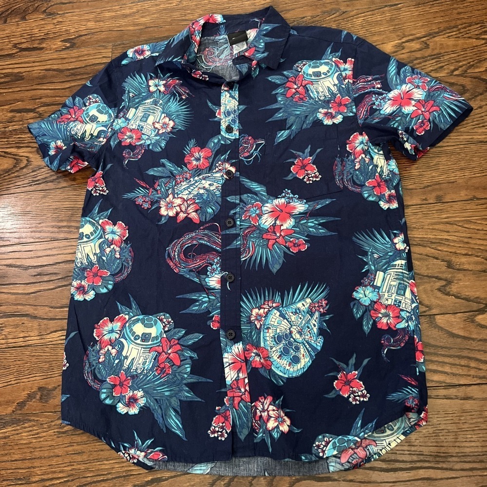 Star Wars Shirt Mens Small Millennium Falcon R2-D2 Hawaiian Floral Button Up